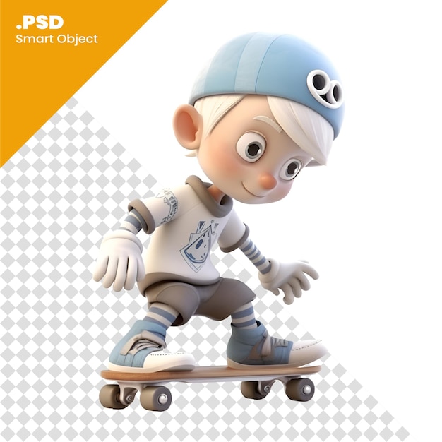 3D Render of a Little Boy Skateboarder on White Background PSD template