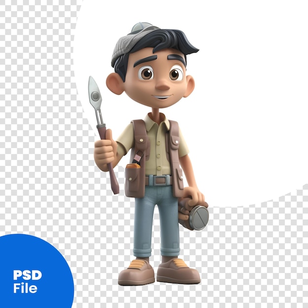 3D Render of a Little Boy with a Backpack and Tools PSD template