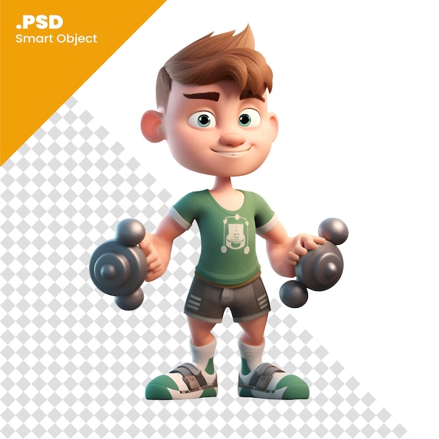 PSD 3d render of a little boy with dumbbells on white background psd template