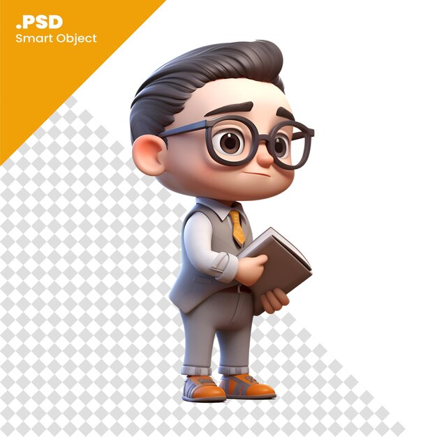 3D Render of Little Businessman with book on a white background PSD template