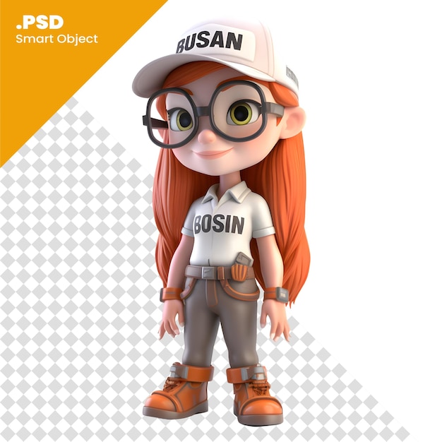 3D Render of a Little Redhead Girl with cap and glasses PSD template