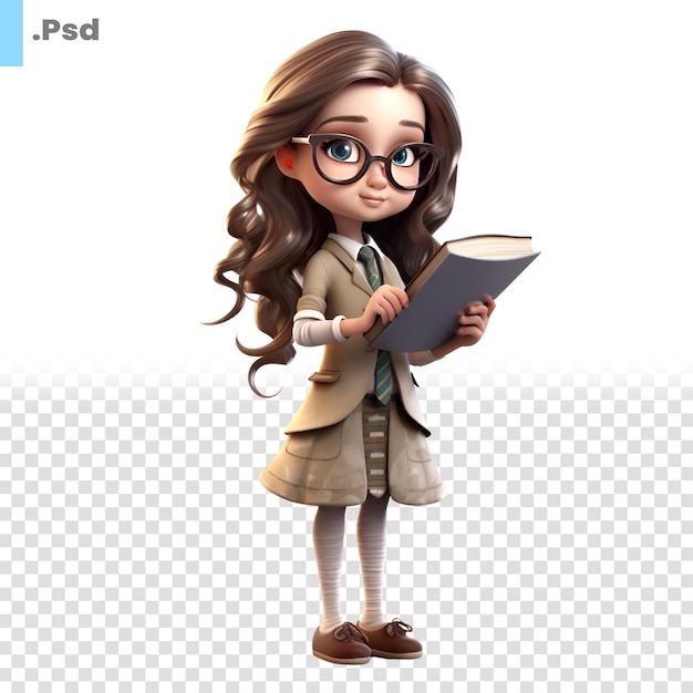 3D Render of Little School Girl with book isolated on white background PSD template