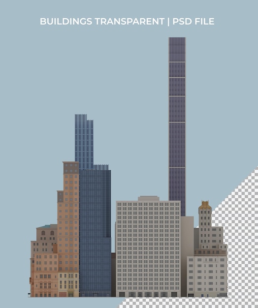 PSD 3d render low poly polygon buildings skyscraper nyc transparent