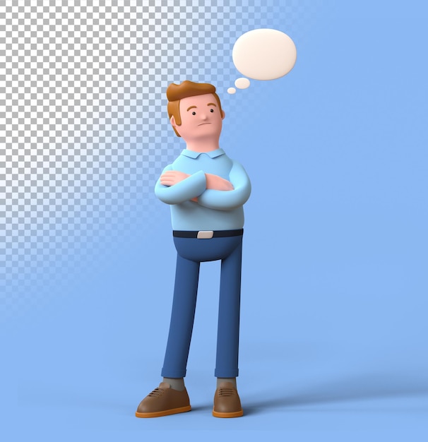 3d render man in blue shirt standing with speech thinking bubble