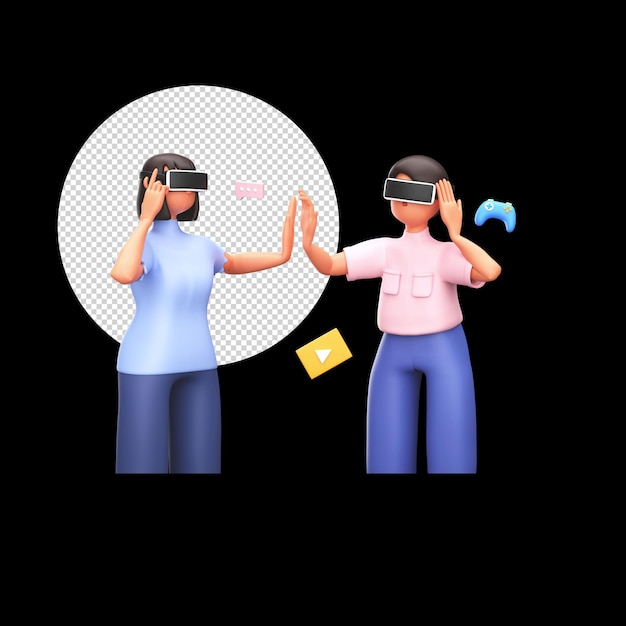 3D Render Of Man And Woman Wearing VR Box In High Five Pose Against Black Background