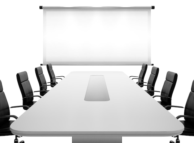 PSD 3d render of meeting room with projection screen and conference table isolated on transparent background