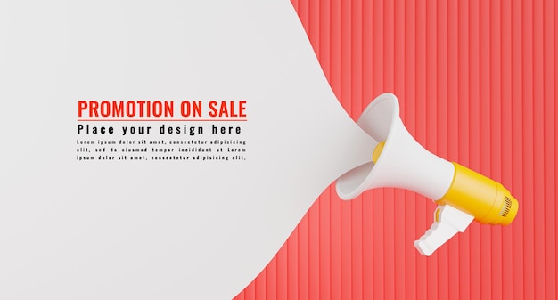 PSD 3d render of megaphone with promotion announcement