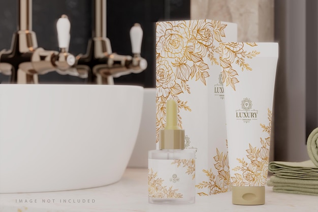 3d render Mockup bottle cream and box on bathroom Face skin care cosmetics