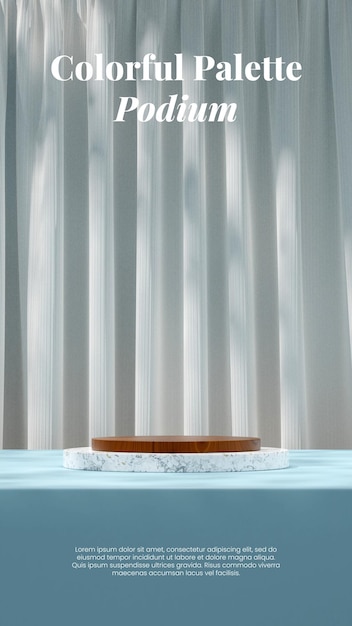 3D render mockup space wood and marble texture podium in portrait with white curtain and blue floor