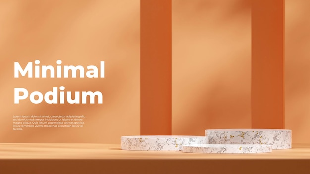 3D render mockup template of marble cylinder podium in landscape with orange textured wall