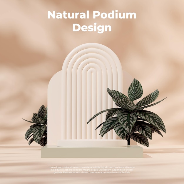 3D render mockup template of white green podium in square with pink stripe calathea and arch