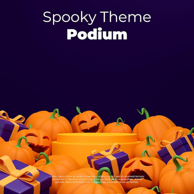 3d render mockup template of yellow podium in square with jack o lantern and gift box