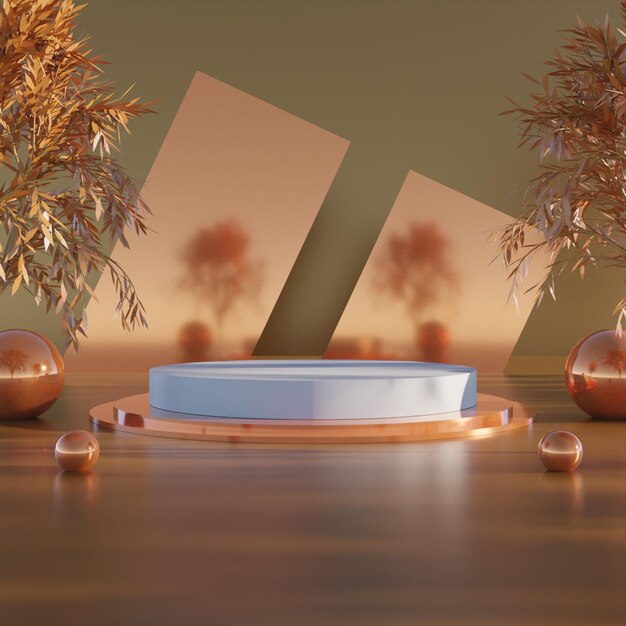 3d render modern white podium product stand with balls on orange background