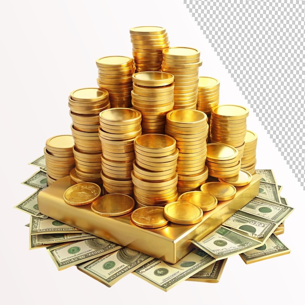 3d render money pile gold coins stack banknotes on transparent background