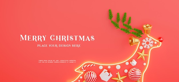 3d render of neon light deer with decoration merry christmas concept for your product display