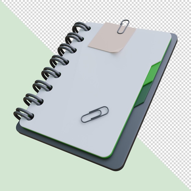 3d render notebook with white paper a spiral clips and green bookmarks