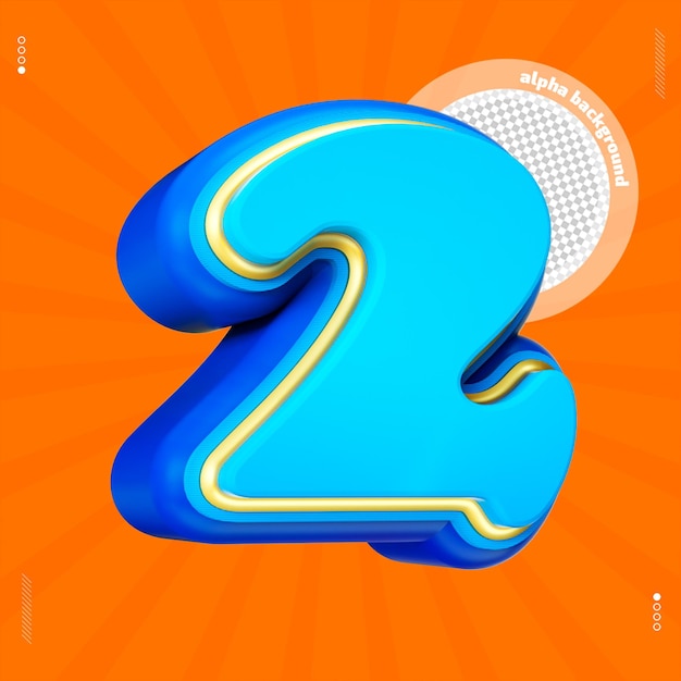 3d render number 2 font blue