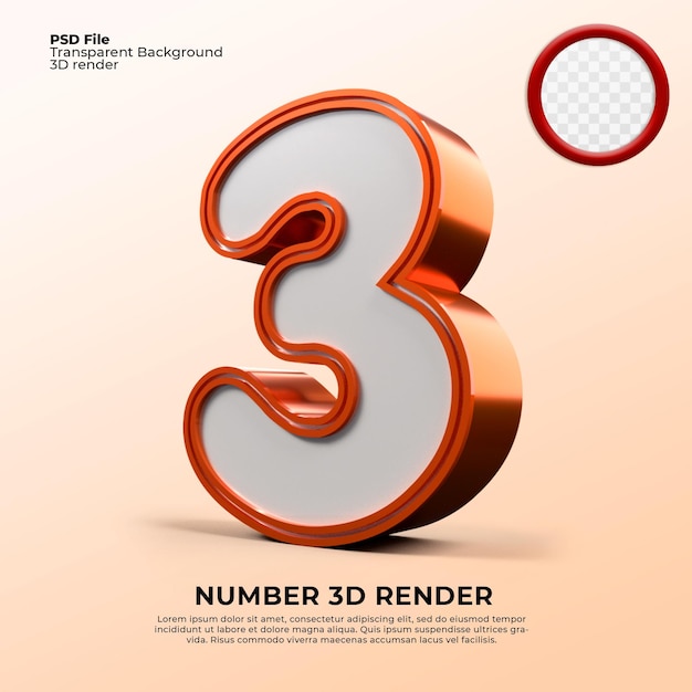 3d Render number 3 orange color