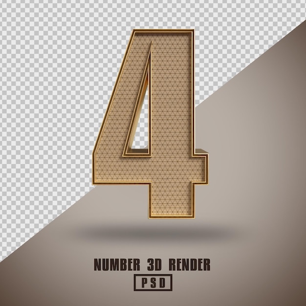 3D render number 4 wood and gold style