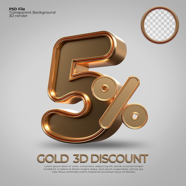 3D render number 5 percentage gold style