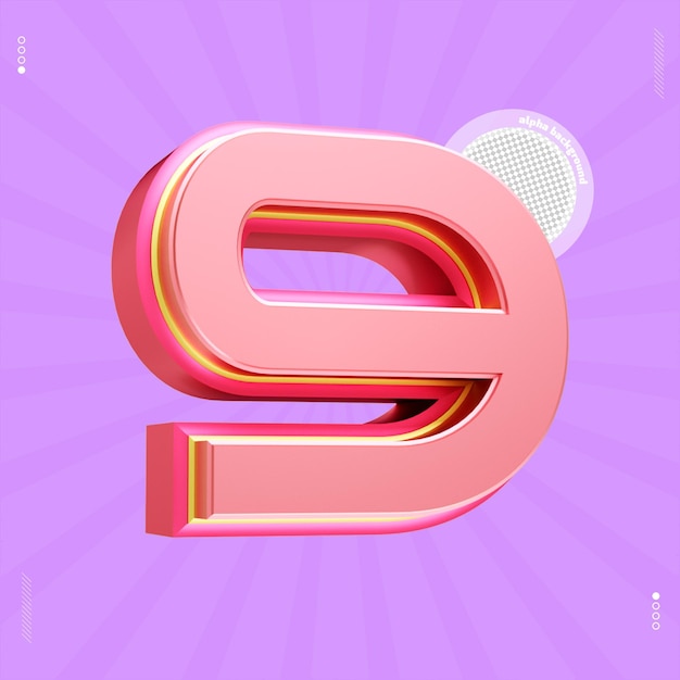 3d render number 9 font pink