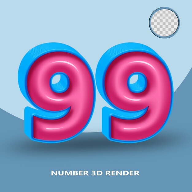 3D render number 99 blue pink glossy color