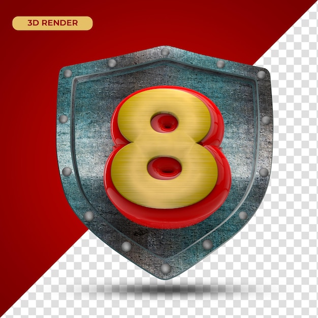 3d render - number eight on metal medieval shield