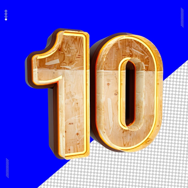 PSD 3d render number font wood light 10