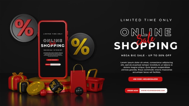 3d render of online shop special offer with smartphone mockup template