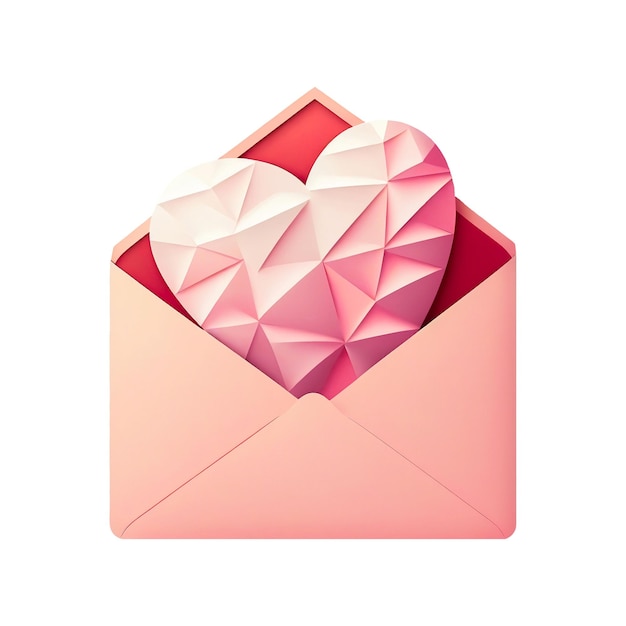 3D Render Pastel Red Paper DIY Geometric Heart Icon Inside Envelope