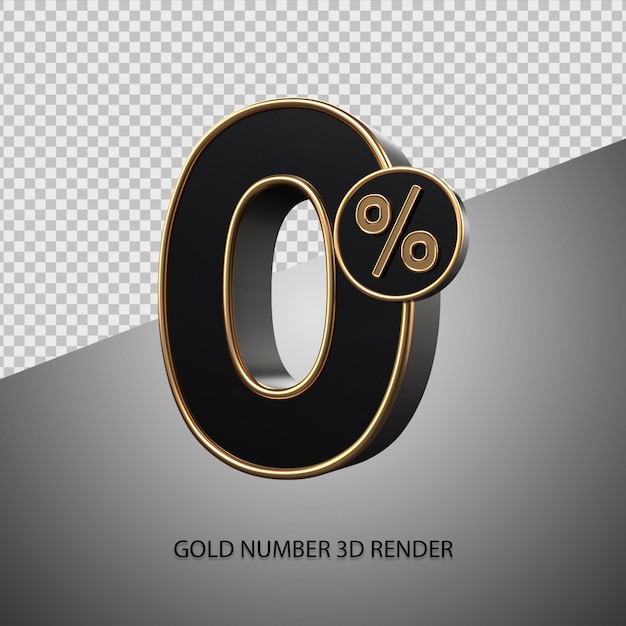 3D render percentage number 0 black color and gold bevel for sale discount, black friday, progress