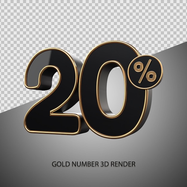 3D render percentage number 20 black color and gold bevel for sale discount, black friday, progress