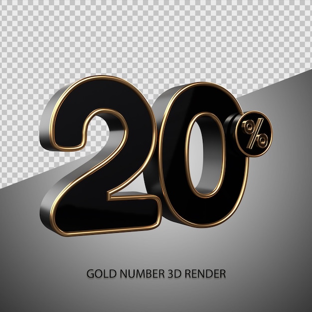 3D render percentage number 20 black color and gold bevel for sale discount, black friday, progress