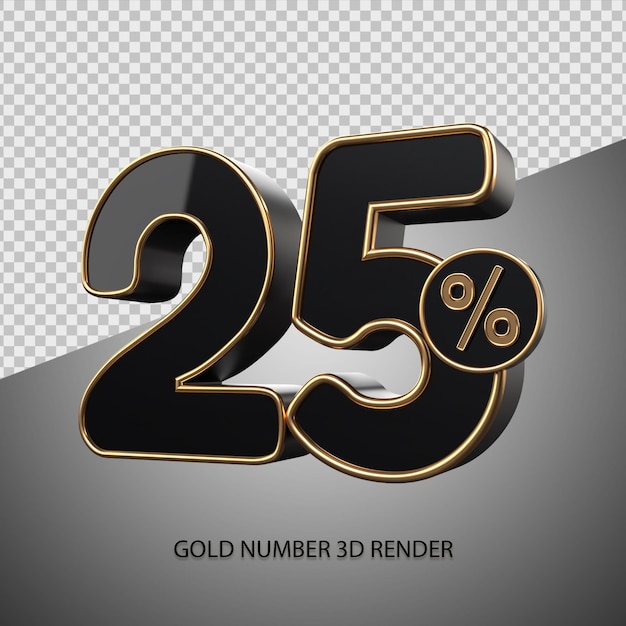 3D render percentage number 25 black color and gold bevel for sale discount, black friday, progress