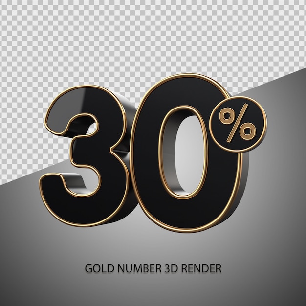 3D render percentage number 30 black color and gold bevel for sale discount, black friday, progress