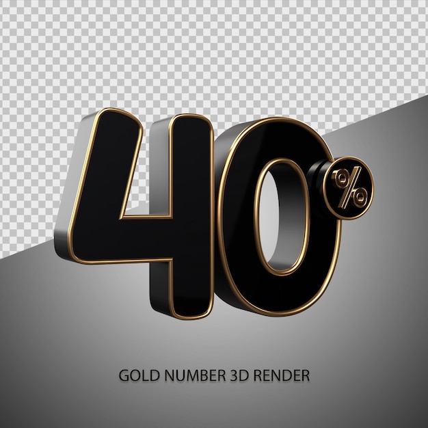 3D render percentage number 40 black color and gold bevel for sale discount, black friday, progress