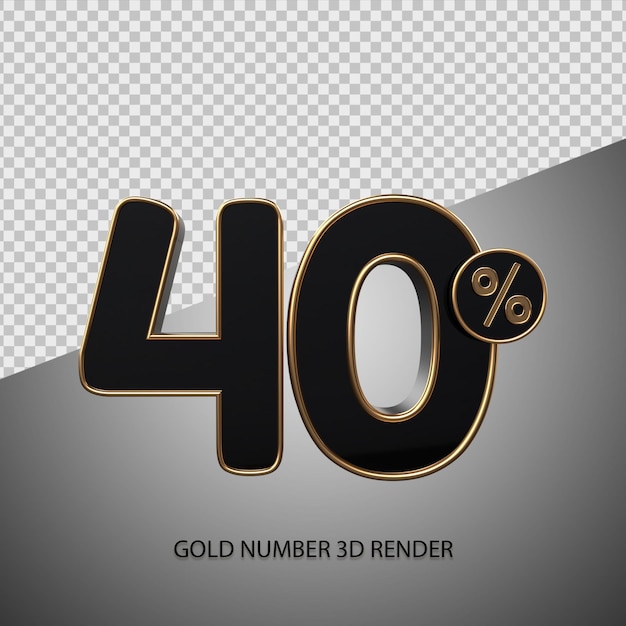 3D render percentage number 40 black color and gold bevel for sale discount, black friday, progress