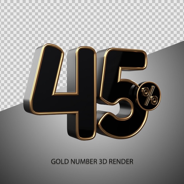 3D render percentage number 45 black color and gold bevel for sale discount, black friday, progress