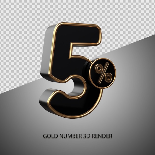 3D render percentage number 5 black color and gold bevel for sale discount, black friday, progress