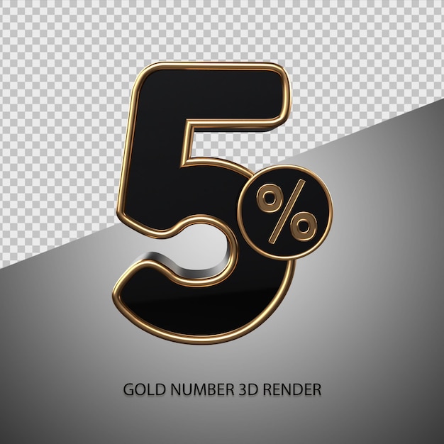 3D render percentage number 5 black color and gold bevel for sale discount, black friday, progress