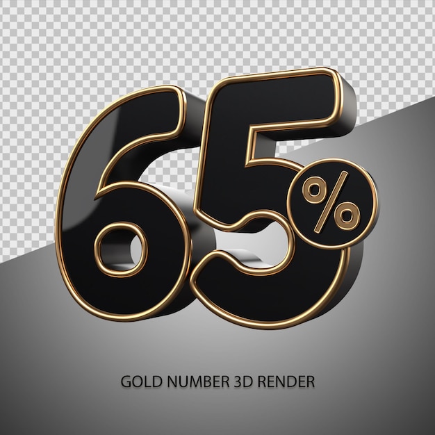 3D render percentage number 65 black color and gold bevel for sale discount, black friday, progress