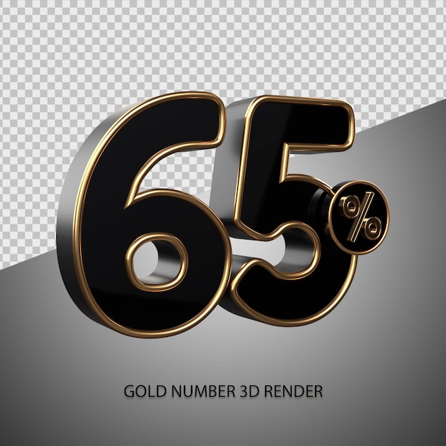 3D render percentage number 65 black color and gold bevel for sale discount, black friday, progress