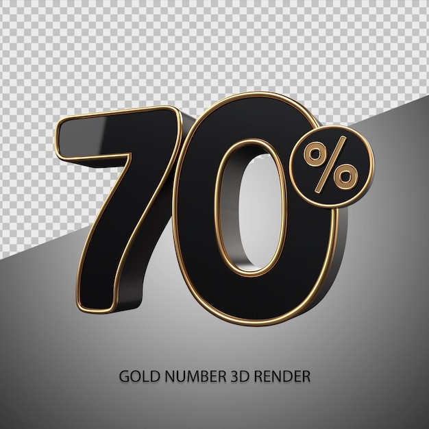 3D render percentage number 70 black color and gold bevel for sale discount, black friday, progress