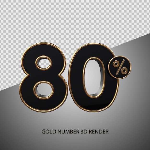 3D render percentage number 80 black color and gold bevel for sale discount, black friday, progress