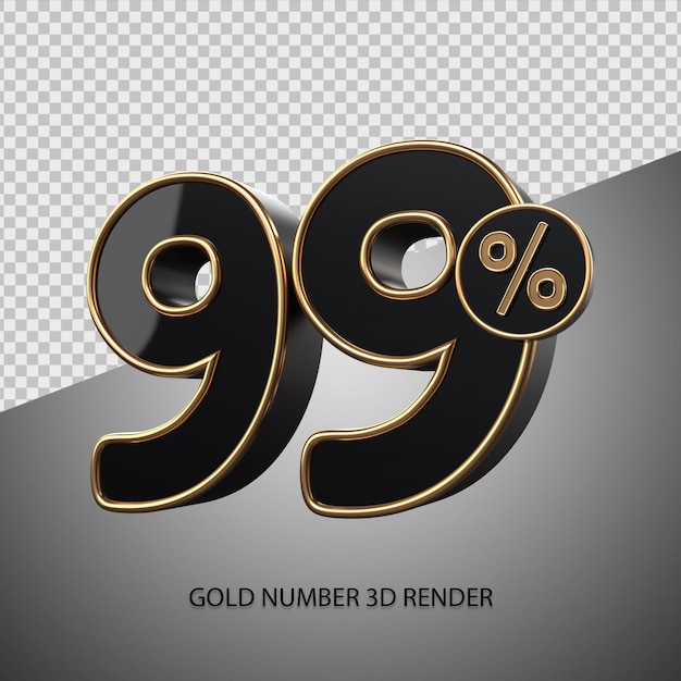 3D render percentage number 99 black color and gold bevel for sale discount, black friday, progress