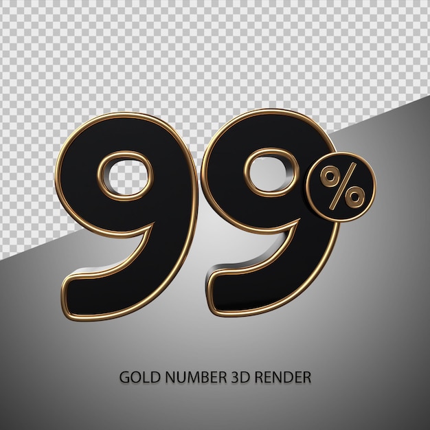 3D render percentage number 99 black color and gold bevel for sale discount, black friday, progress