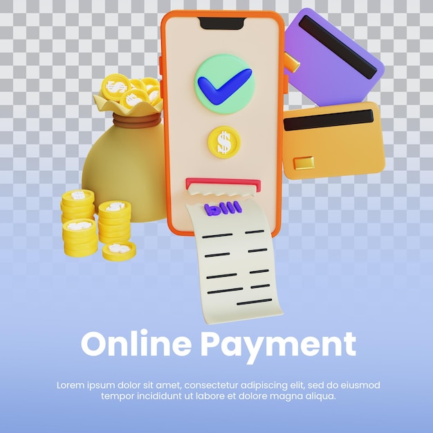 PSD 3d render phone pay online with card debit credit