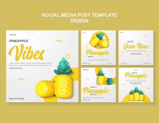 3d render pineapple social media template design