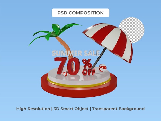 3d render of podium summer sale discount 70 percent off with decoration and summer concept