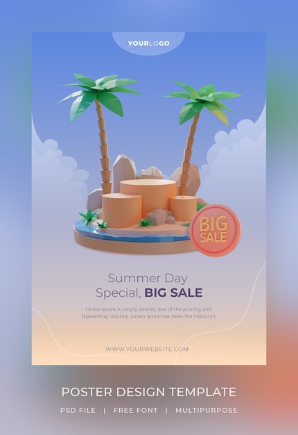 3d render, Poster Template, summer sale with podium